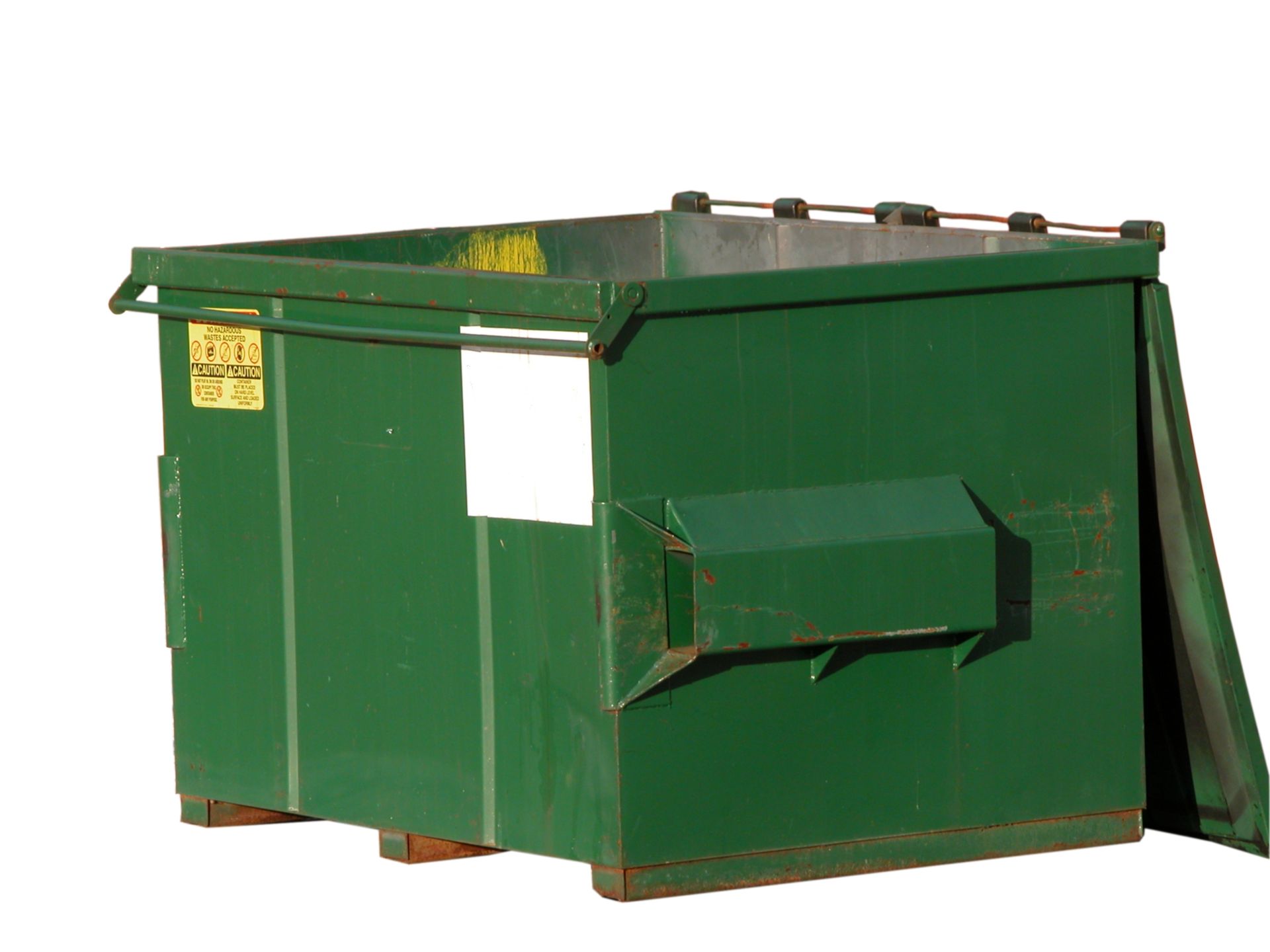 Green garbage can on a white background, showcasing roll-off dumpster rental solutions efficiently.