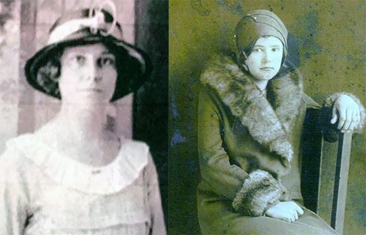 Two vintage portrait photos of a woman, one in a hat and one seated in a fur-collared coat.