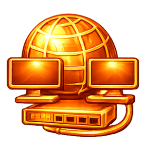 A golden-toned icon featuring a globe behind two computer monitors connected to a network switch.