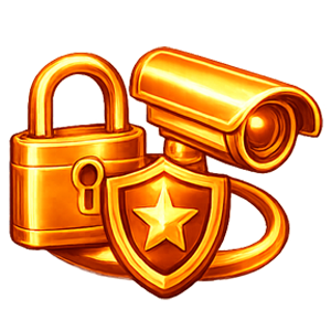 A golden padlock, a security camera, and a shield with a star on it, representing security and surveillance.