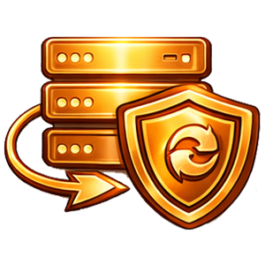 A golden icon featuring a three-tiered server rack protected by a shield with a circular refresh arrow symbol.