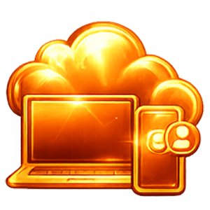 A gold-toned icon of a laptop and smartphone in front of a cloud symbol, representing multi-device cloud synchronization.