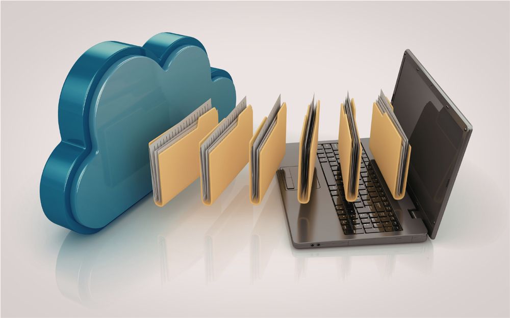 A blue 3D cloud icon connected to a grey laptop by a stream of digital folders, representing cloud file synchronization.