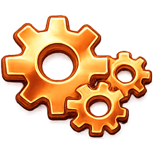 Three interconnected orange metallic gears.