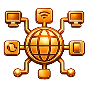 A gold, circular network icon featuring a central globe connected to various digital device symbols.