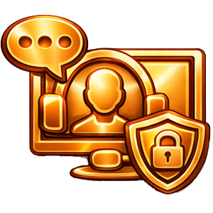 A golden icon showing a computer monitor with a user silhouette, a speech bubble, and a shield with a padlock.