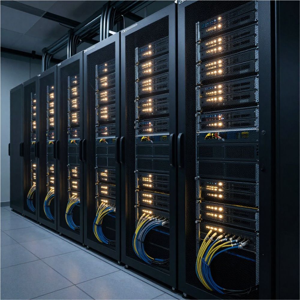 A row of black server racks in a data center, featuring glowing hardware lights and organized, colorful cabling.
