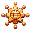 A metallic bronze emblem featuring a globe at the center of a gear with radiating spokes topped with spheres.