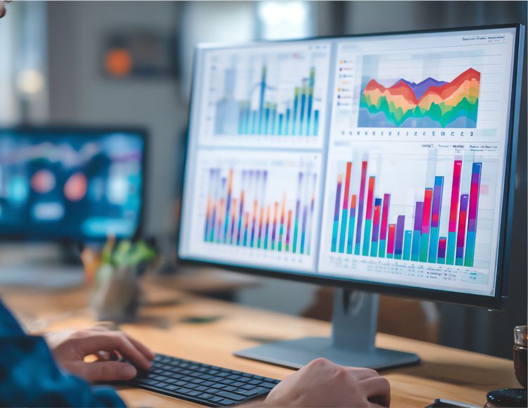 A person working at a desk, viewing a large monitor displaying multiple colorful financial charts and data graphs.