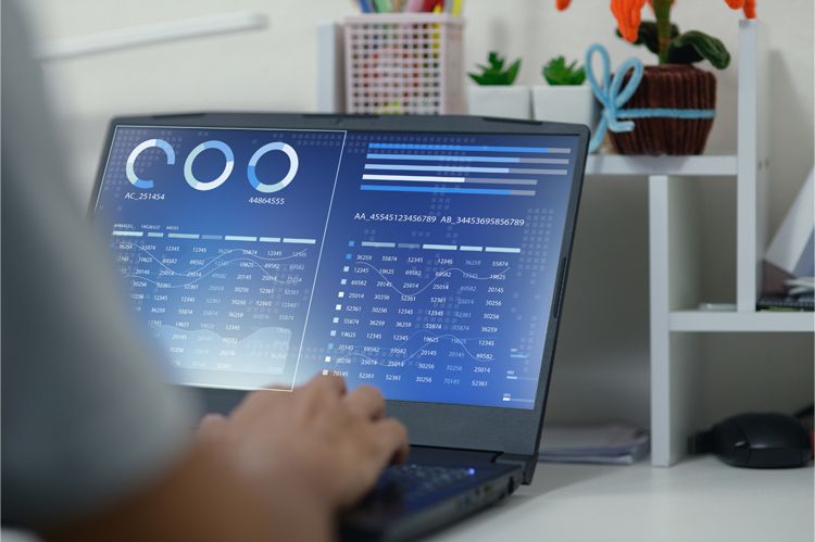 A person uses a laptop displaying data dashboards with charts, graphs, and tables at a desk with plants.
