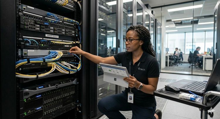 A professional kneeling by a server rack, holding a tablet and checking cable connections in a bright office server room.