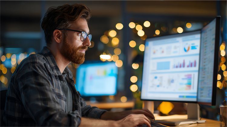 A person with a beard and glasses works late at a computer with data charts, with blurred bokeh lights in the background.