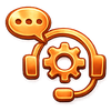 A metallic gold icon featuring a headset centered around a gear, with a speech bubble containing three dots above it.