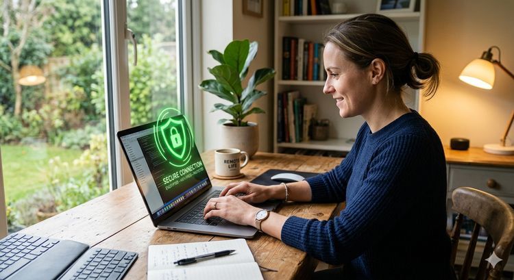 A person works on a laptop with a green shield security icon on screen, sitting at a desk by a window in a home office.