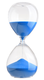 A hourglass filled with blue sand on a white background