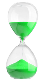 A green hourglass with green sand on a white background.