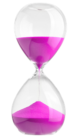 A hourglass with purple sand coming out of it on a white background.