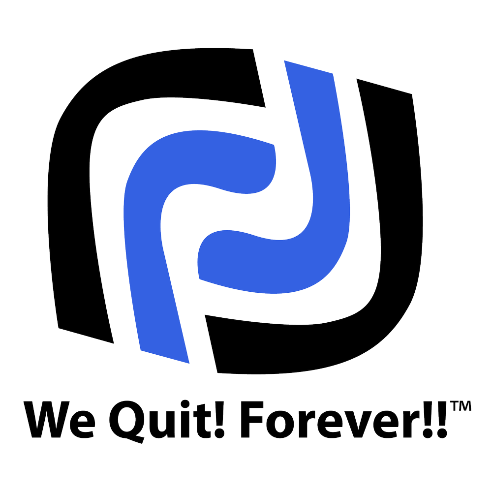 A blue and black logo with the words `` we quit ! forever ! ''