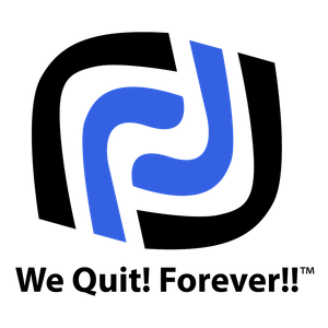 A blue and black logo with the words `` we quit ! forever ! ''
