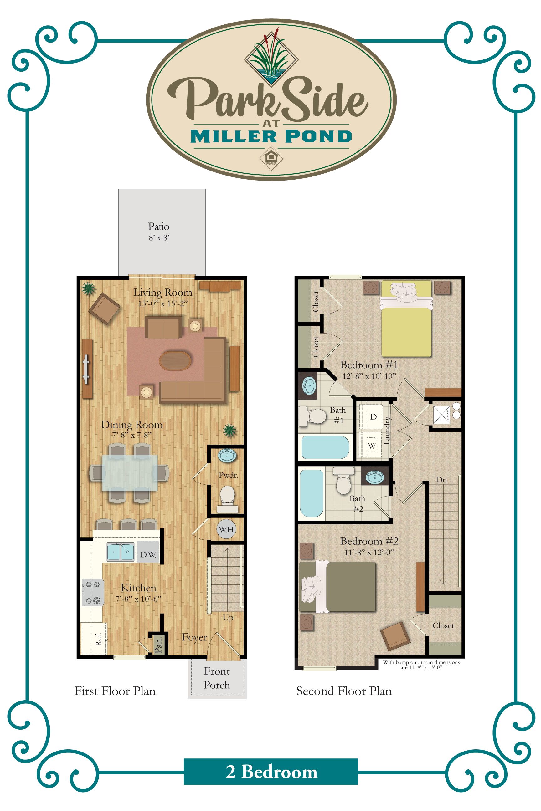 A floor plan of a house with two bedrooms and a patio.