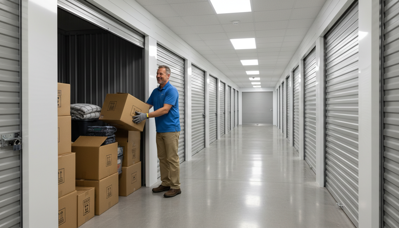 Man placing a box in a storage unit. Boxes stacked on the left, units in a hallway.