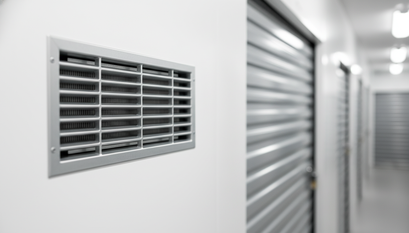 Silver vent on white wall in storage unit hallway. Rolling metal doors blur in background.