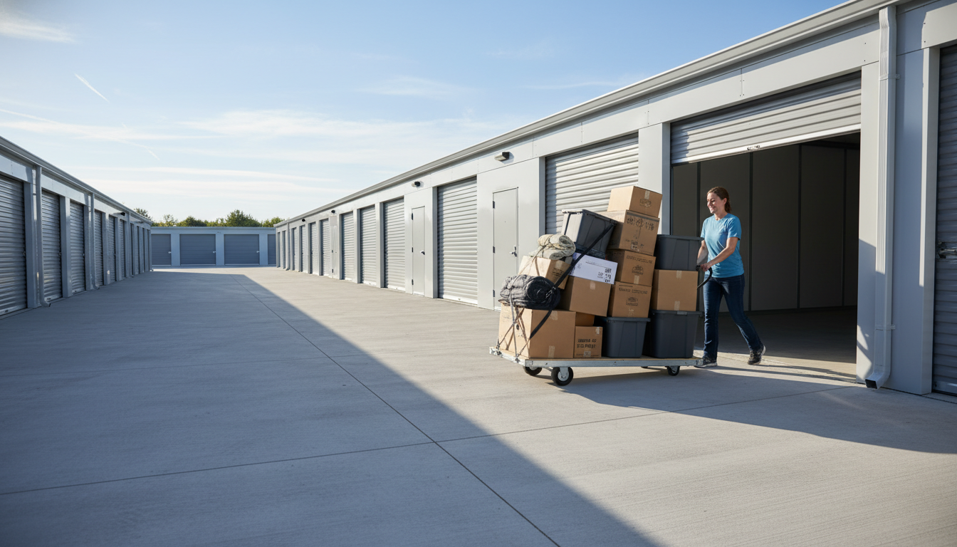 Person pulling a cart of boxes into a storage unit. Exterior view of a storage facility on a sunny day.