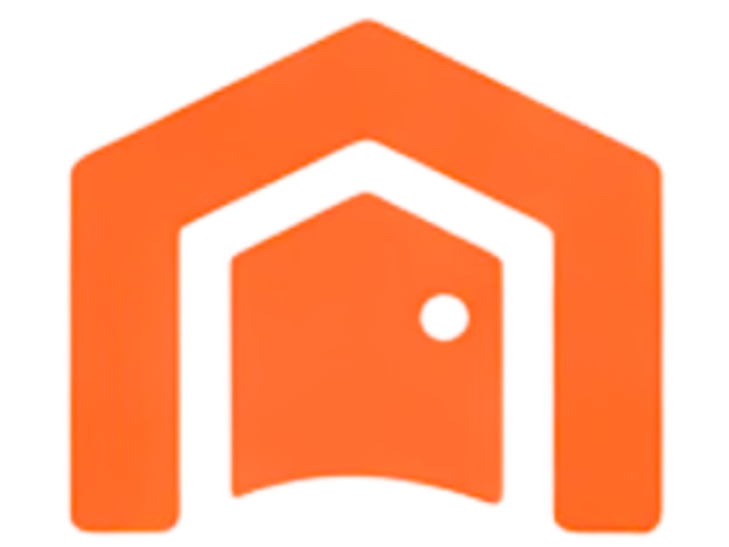 Orange stylized house logo with an open door.