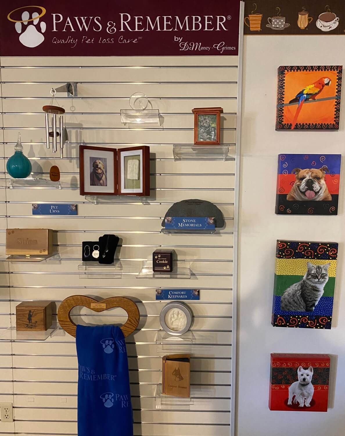Display of pet cremation merchandise at DeMoney-Grimes Funeral Home