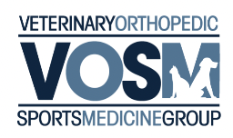Logo: VOSM, Veterinary Orthopedic Sports Medicine Group, blue and white with a dog silhouette.