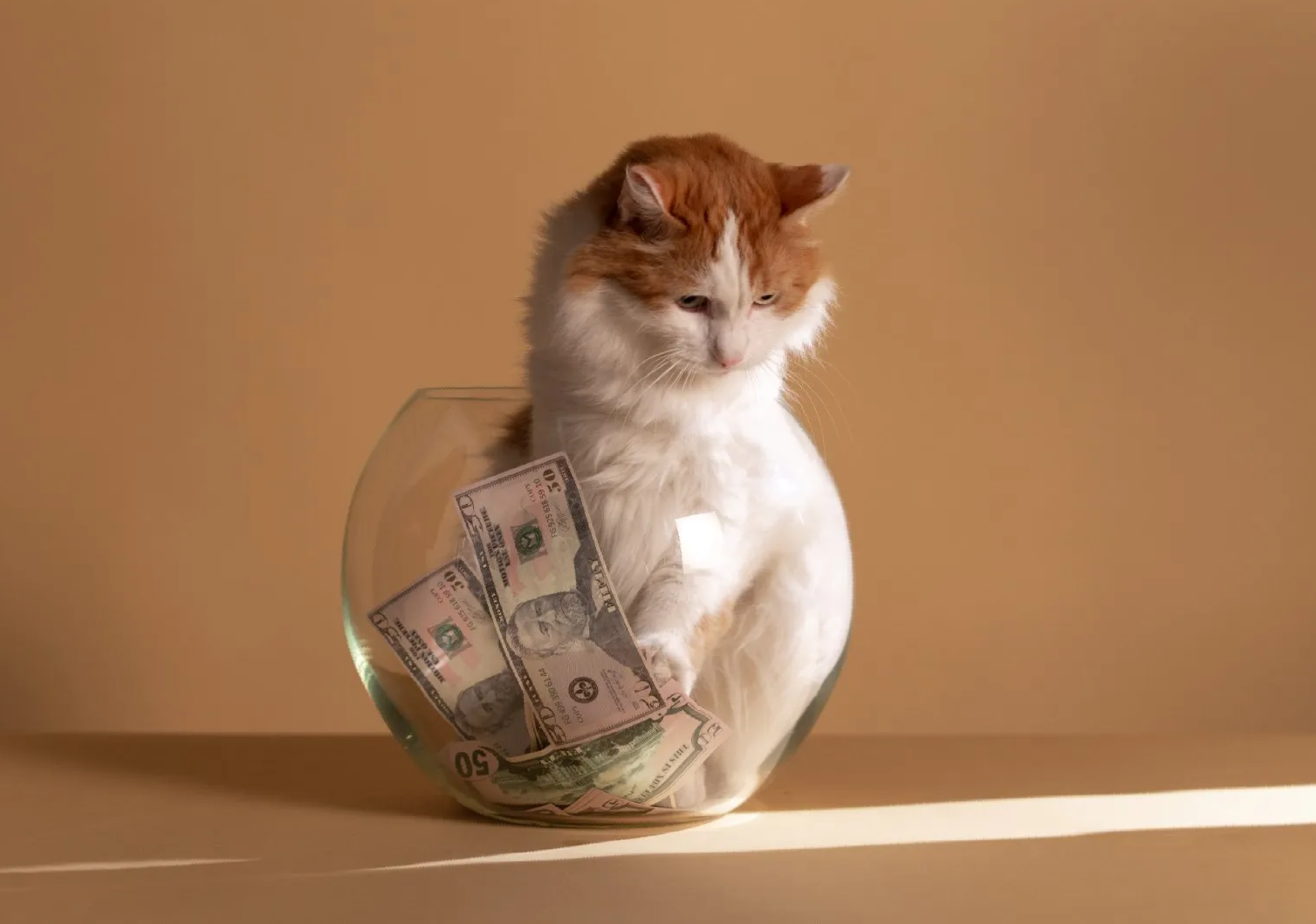 Cat in a bowl full of money for the Montgomery County Humane Society