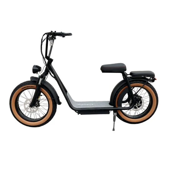 A black electric scooter with brown tires on a white background.