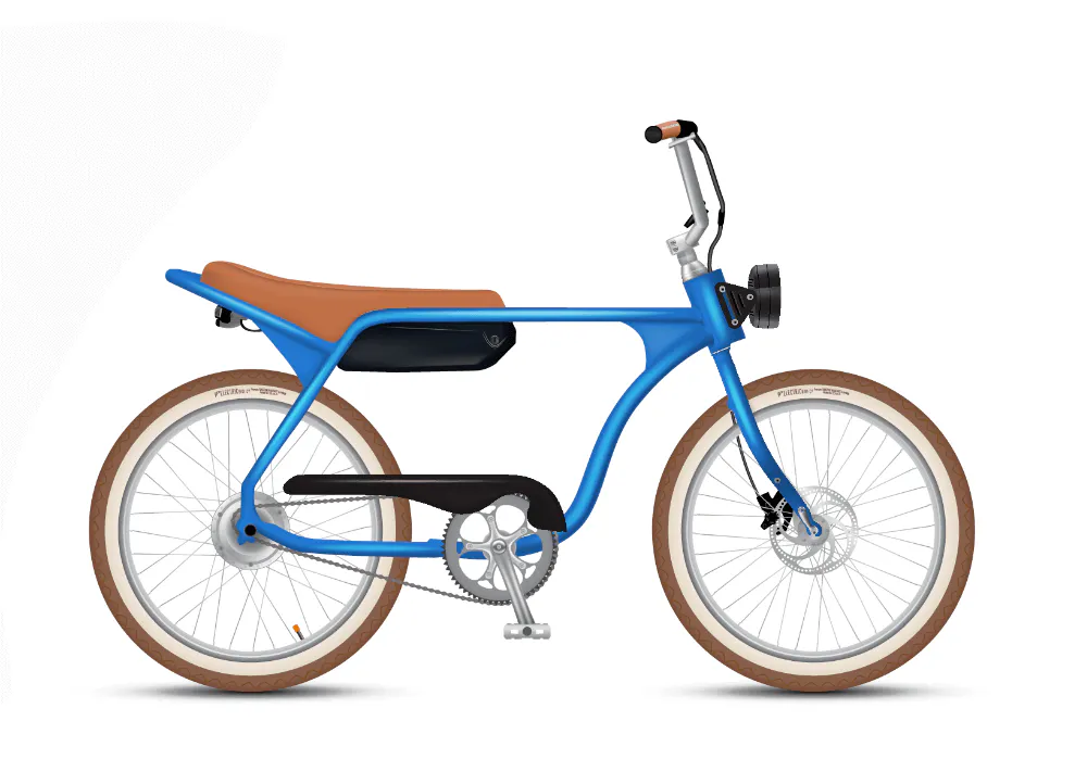 A blue electric bicycle with a brown seat on a white background.
