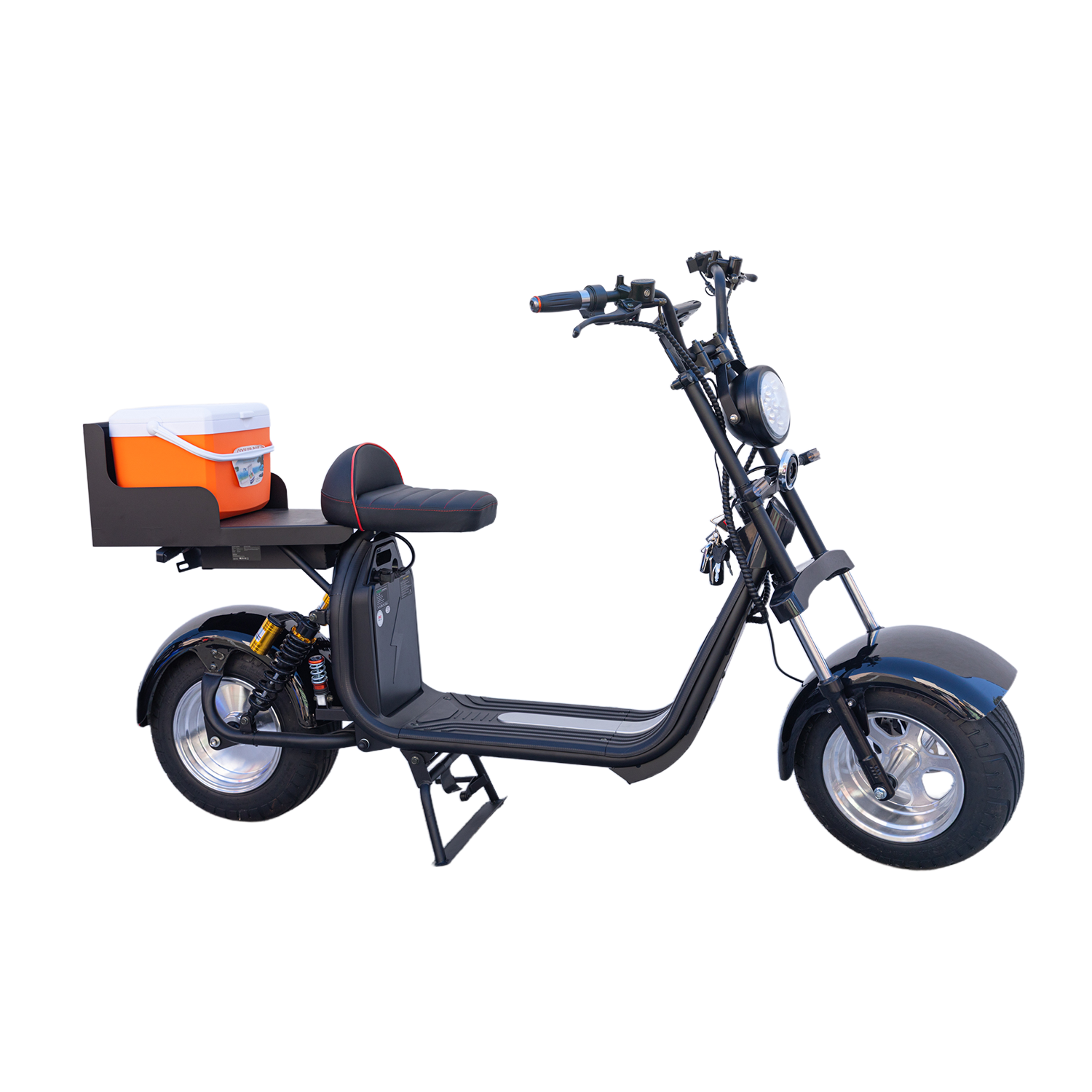 Black electric scooter with a cooler attached.