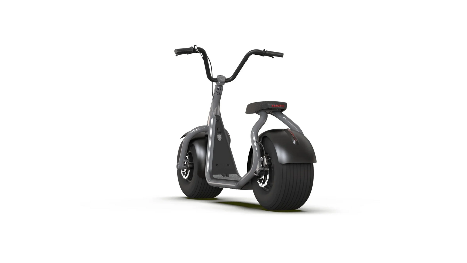 A black electric scooter with large tires on a white background.