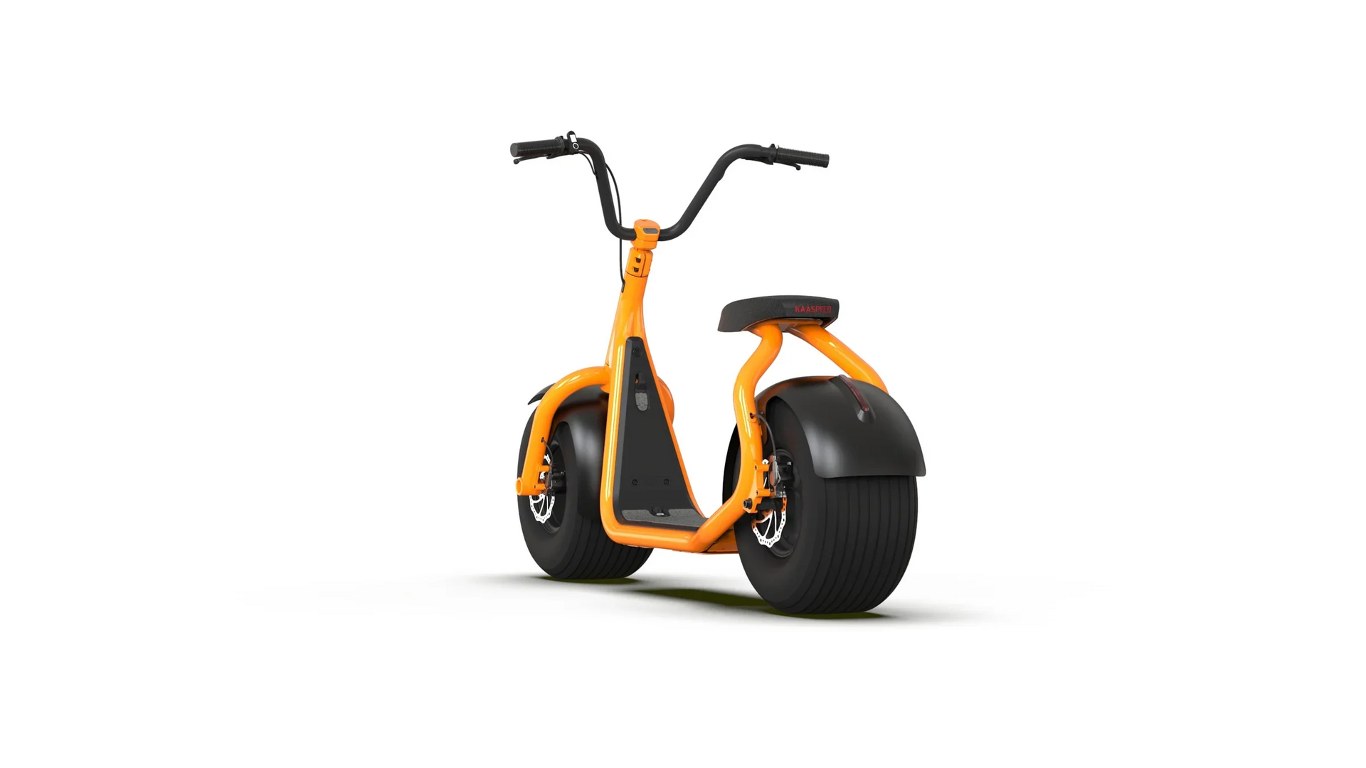 A black electric scooter with large tires on a white background.