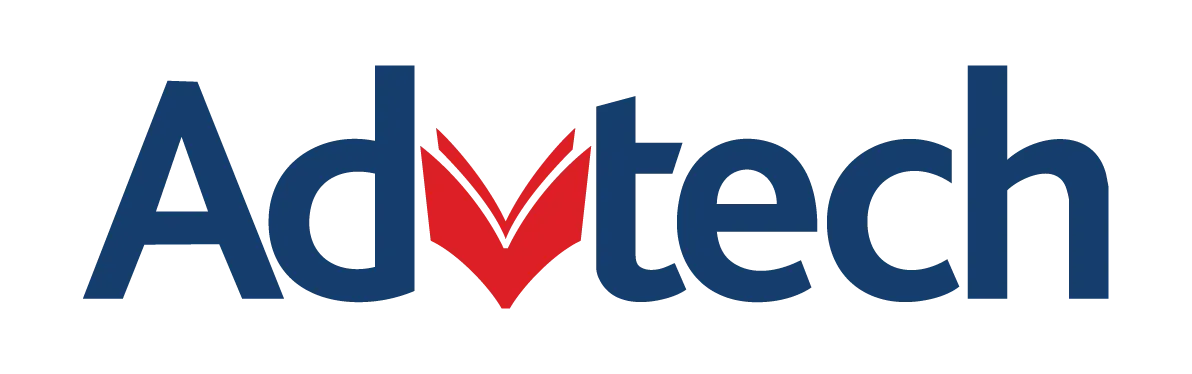 AdVtech logo in blue text with a red V-shaped mark on a white background