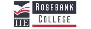 The logo for rosebank college iie has a book on it.