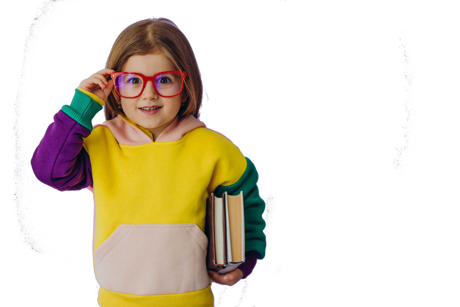 a little girl wearing glasses is holding a stack of books .