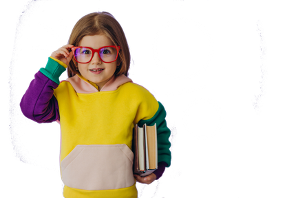 a little girl wearing glasses is holding a stack of books .