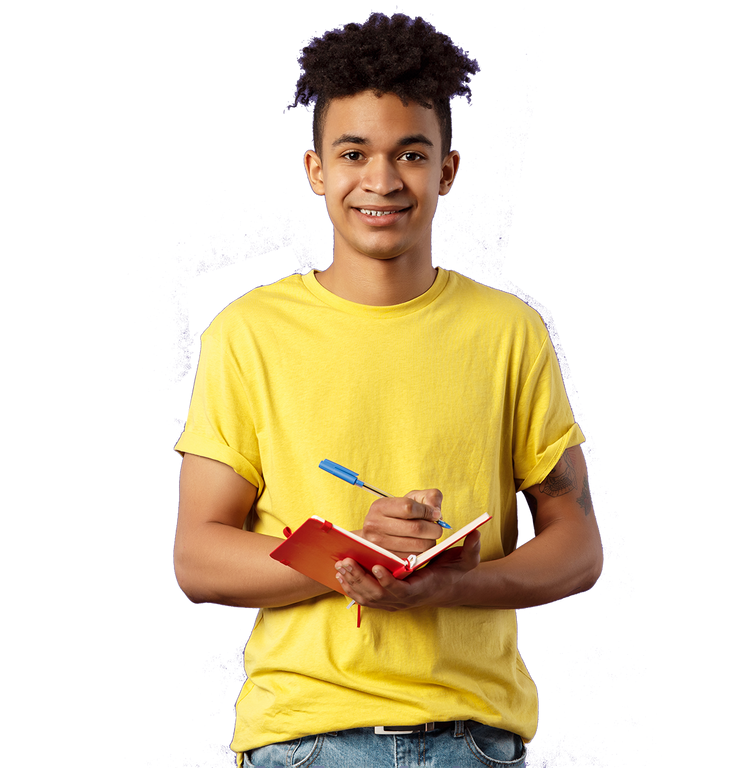 a young boy in a yellow shirt is holding a notebook and a pen .