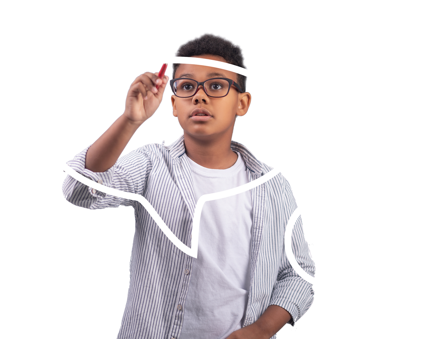 a young boy wearing glasses is drawing a line on a white board .