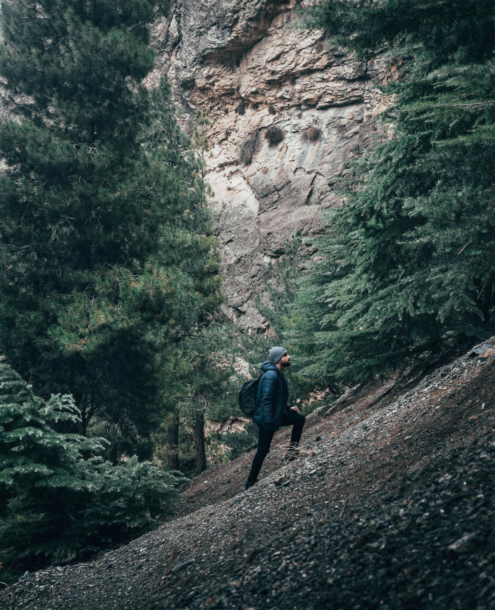 Person hikes up a steep, rocky path in a forest next to a rocky cliffside. They wear a backpack and dark clothing.
