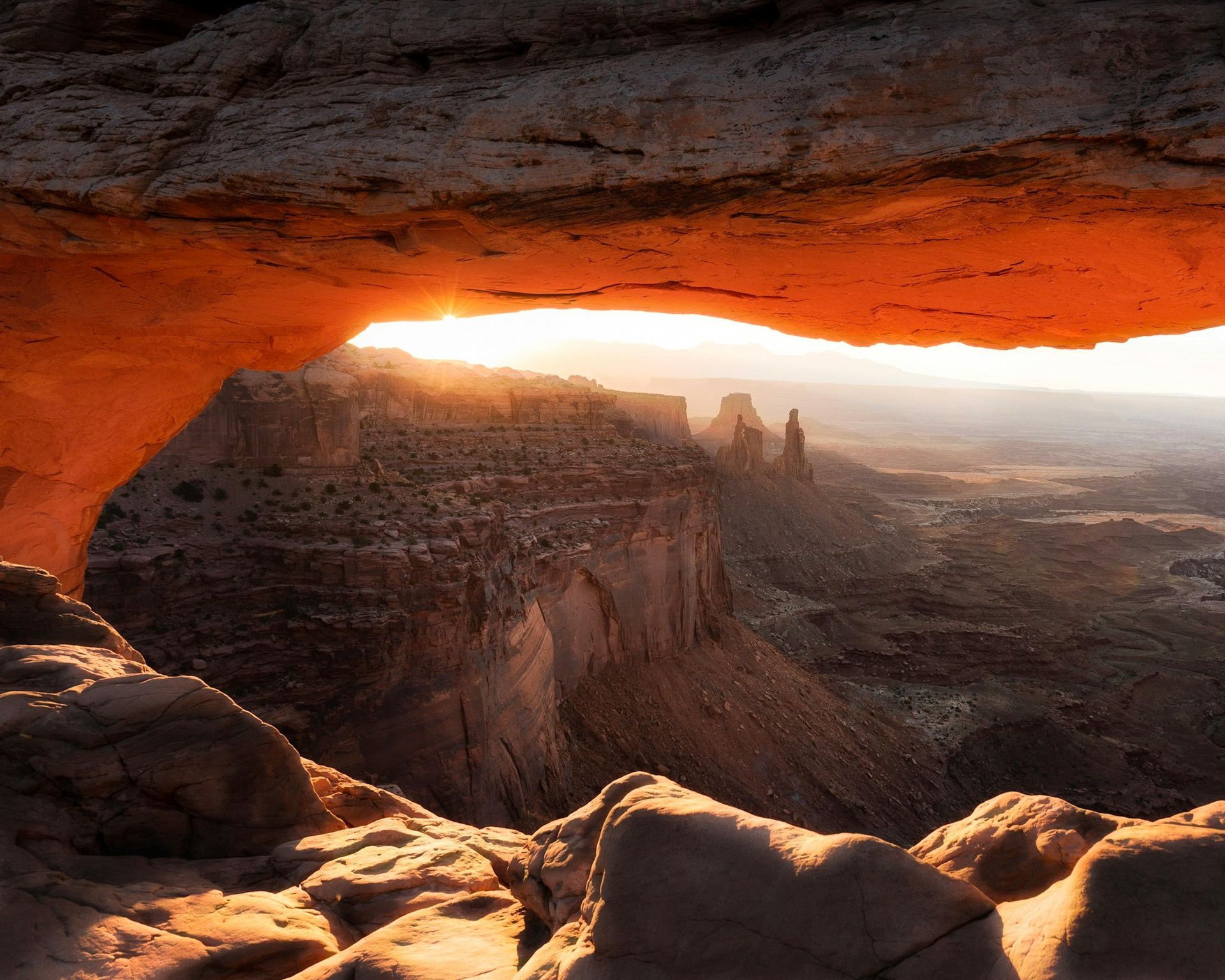 Sunlight streams through a rock arch, illuminating a canyon landscape of mesas and buttes.