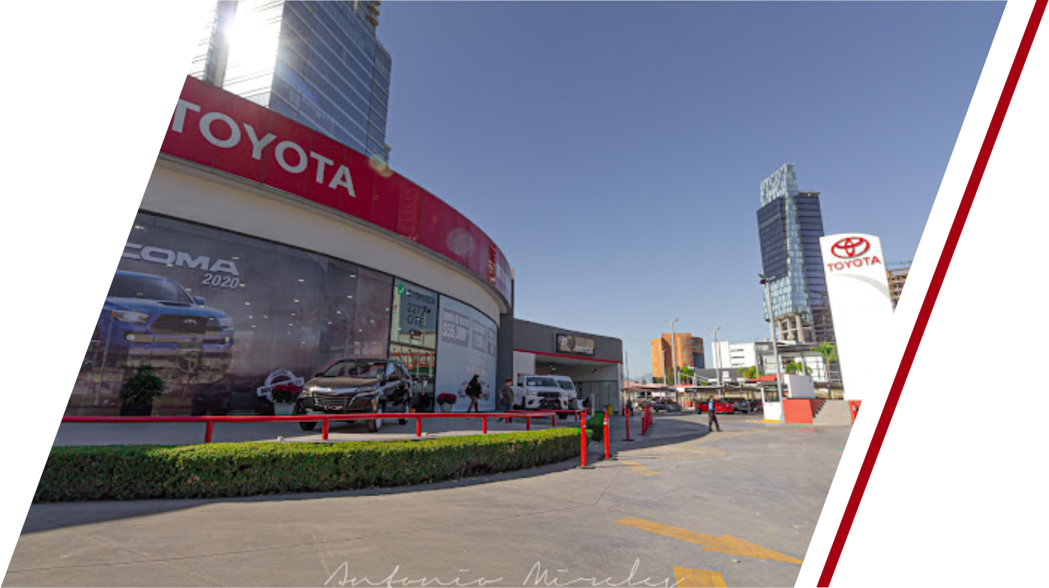 Un concesionario Toyota con muchos coches aparcados delante.