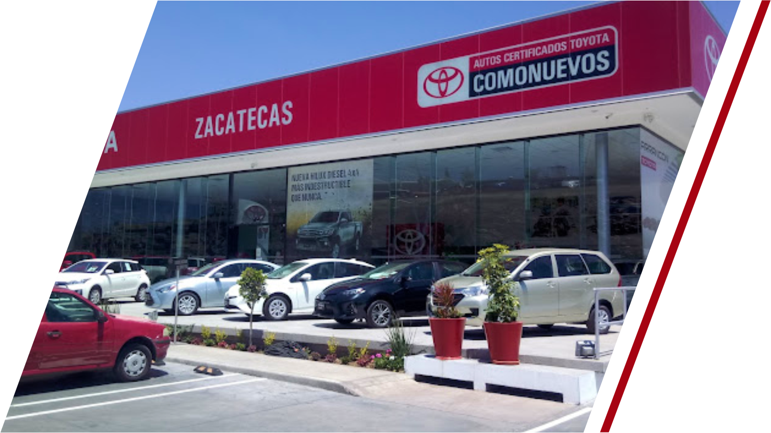 Una fila de coches están estacionados frente a un concesionario de Toyota.