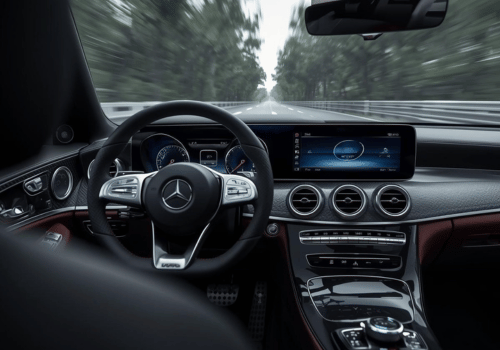 View from inside a Mercedes-Benz, showing the steering wheel and dashboard while driving on a forest road.