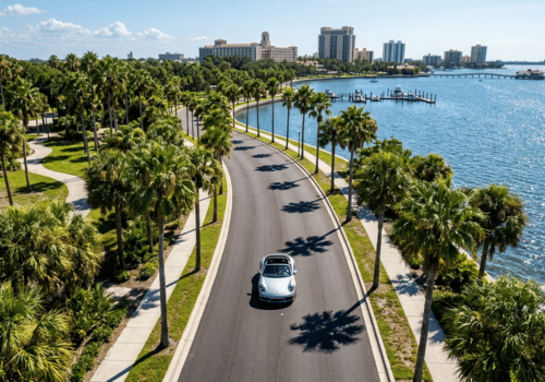 Aerial view of a European car driving along a palm tree-lined waterfront boulevard in a coastal city