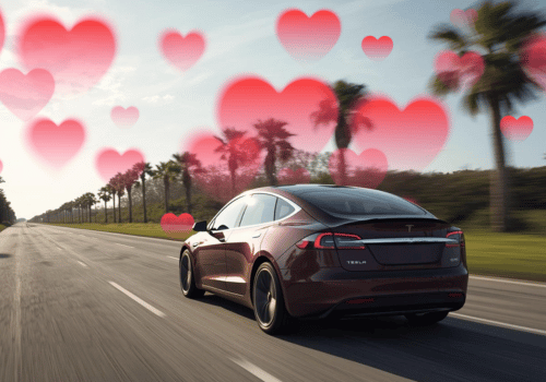 Red Tesla driving on a palm-lined road with floating heart graphics overhead.