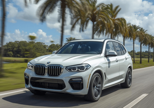 White BMW SUV driving along a palm-lined road on a sunny day.